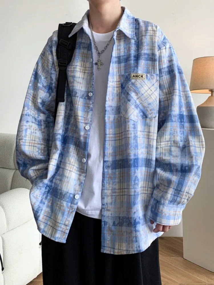 

Мужская повседневная верхняя одежда в американском ретро-стиле с эффектом тай-дай и клетчатым узором, с длинными рукавами, весенняя, высококачественная, молодежная, модная