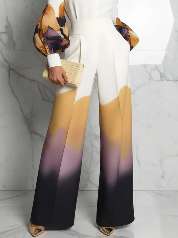 

UOOZEE Women Fashion Contrast Color Printed High Waist Wide Leg Pants 2026 Loose Pockets Elegant Party Office Trousers Bottoms