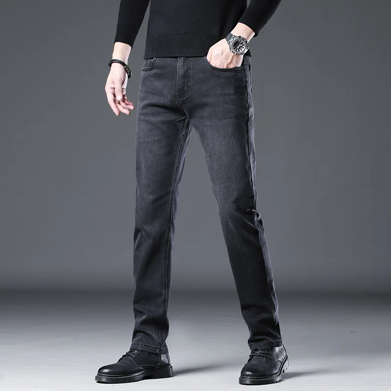 Celana Jeans Pria High-End Musim Gugur dan Musim Dingin Plus Beludru Korea Slim-Fit Straight-Leg Stretch Kasual Celana Panjang Fashion Terbaru Pria