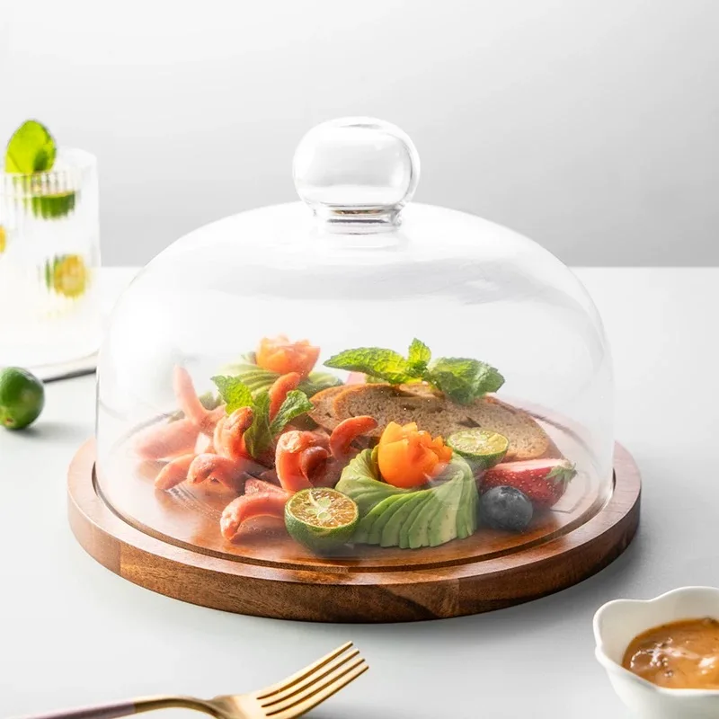Acacia Wood Pastry Tray with Transparent Glass Cover - Large-Sized Dust-Proof Decorative Plate, Suitable for Wedding Desserts, Fruits, and Snacks