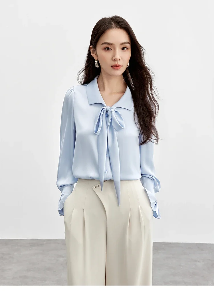 SENTUBILA Satin Women Shirt Straight 2025 Spring Office Lady Solid Bow Petal Sleeve Workwear Blouses Female Clothes 151C57896