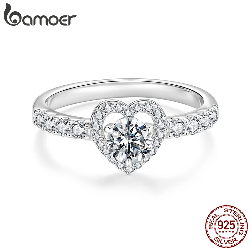 

BAMOER 0.5CT Moissanite Hollowed Heart Engagement Band Ring Half Enternity Ring for Women Wedding Jewelry Round Cut D Color VVS1