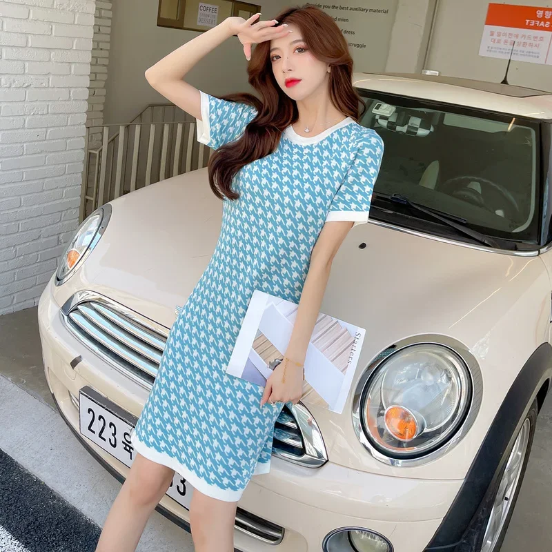 Women Elegant New Summer Slim Knee-length Dress Fashion Short Sleeve Office Lady Ice Silk Knitted Houndstooth Dress Vestdios