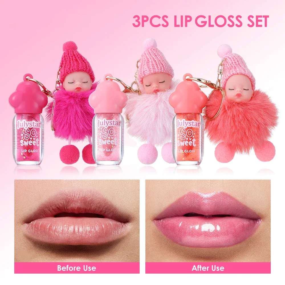 3 Pack Fluffy Doll Keychain Thermochromic Lip Gloss, fine shimmer, temp color change, non-sticky moisturizing glass lip finish