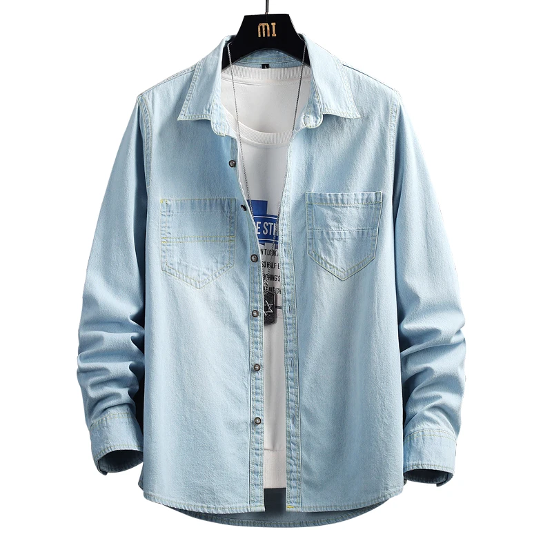 

Men's Single-breasted Casual Pockets Denim Shirt Classic Long Sleeve Washed Jean Blouse Top Light Dark Blue Spring Autumn