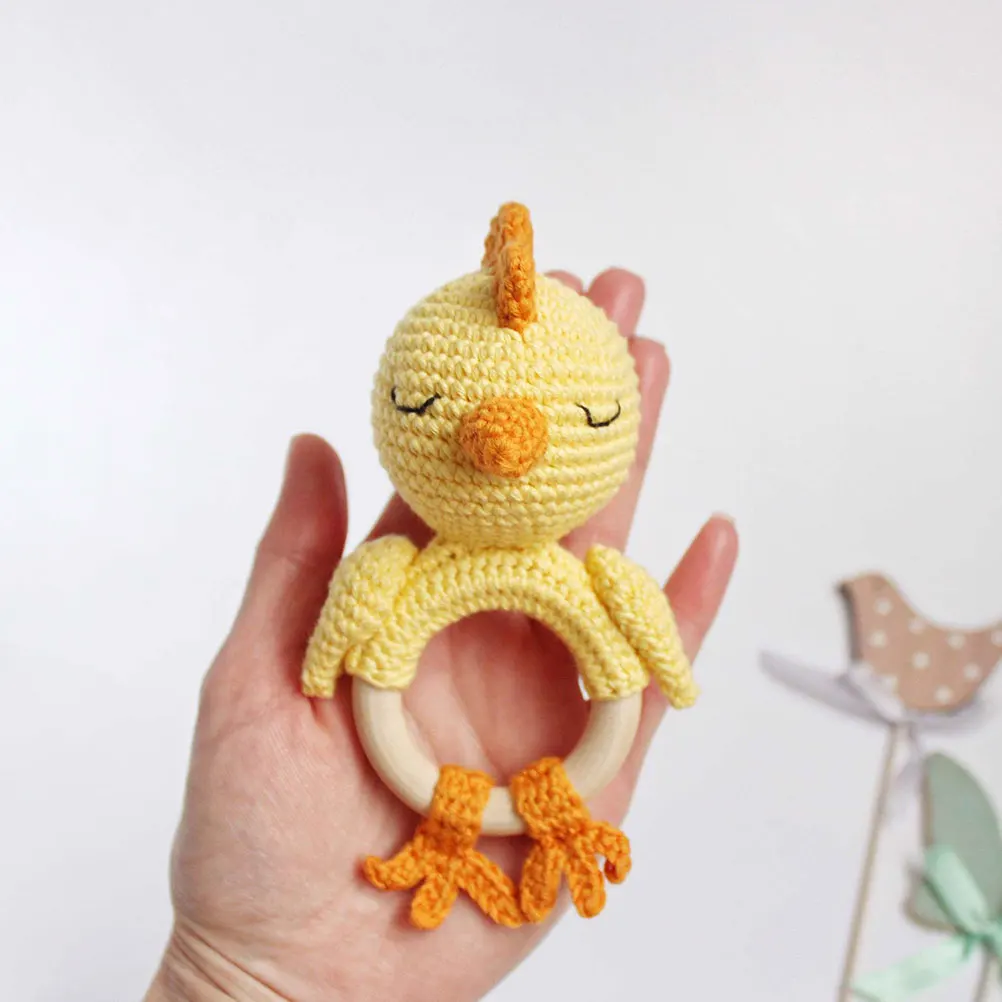 

Wooden Handbell Baby Infant Toddler Knitted Chick Shape Safe Grasp Coordination Sensory Experience