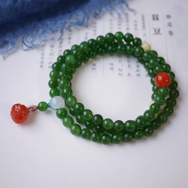 

Old Material Jades 6.2mm Three Circle Bracelet Color Green Oil Body Transparent No Cotton Hetian Jade