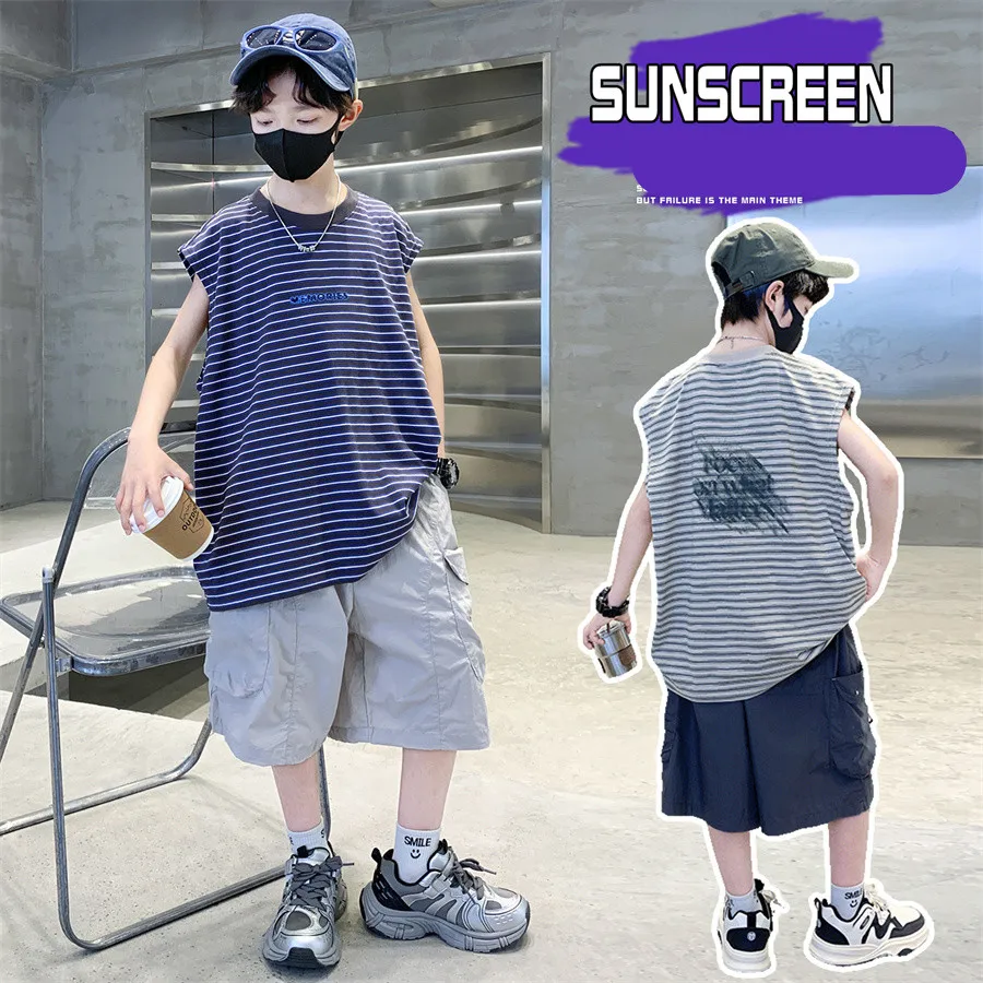 

High Quality Children Summer Set for a Boy Stripe T-shirt And Cargo Shorts Two Piece Clothes Suit Kids Luxury Clothing Set 5-14Y