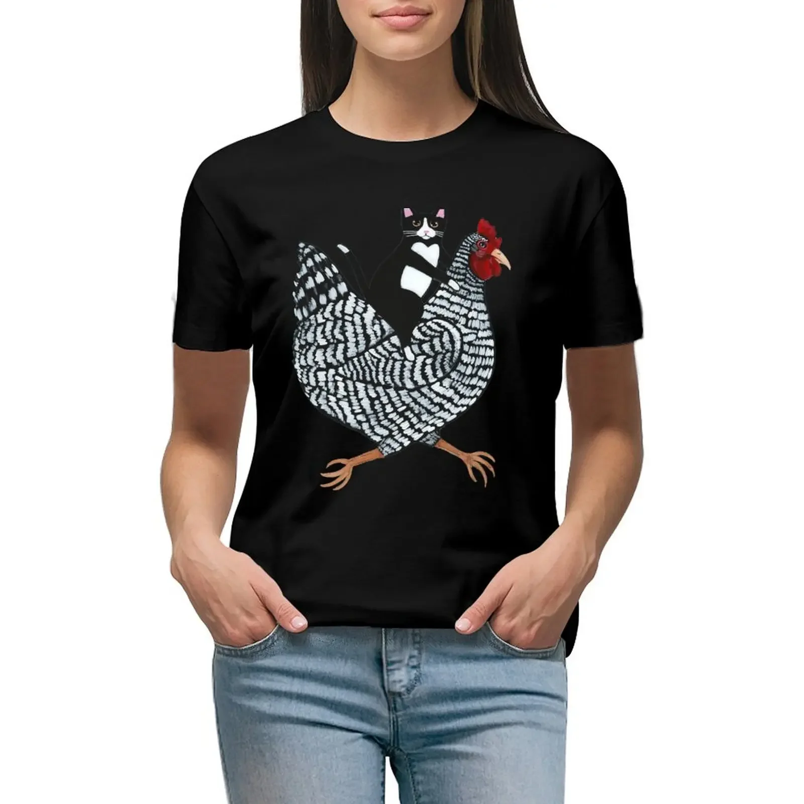 Tuxedo Cat Chicken Ride T-Shirt animal print shirt for girls Female clothing vintage graphic t-shirts for Women