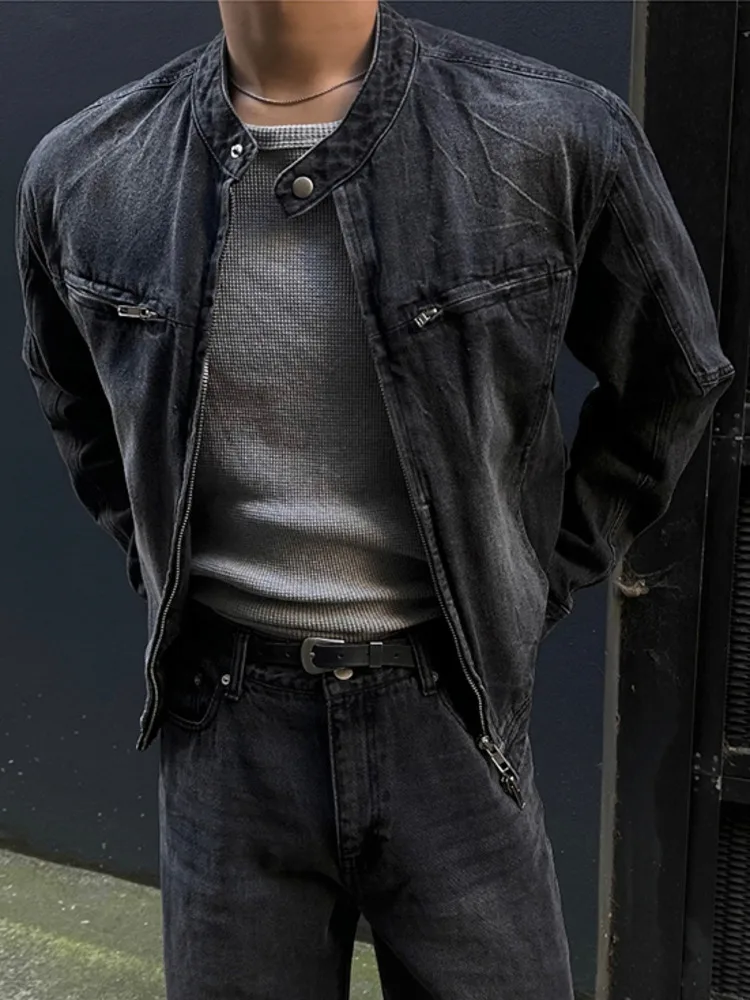SYUHGFA High Street Men's Short Denim Coats Stand Collar Solid Color Loose Zipper Washing Male Jackets 2025 Spring Korean Style