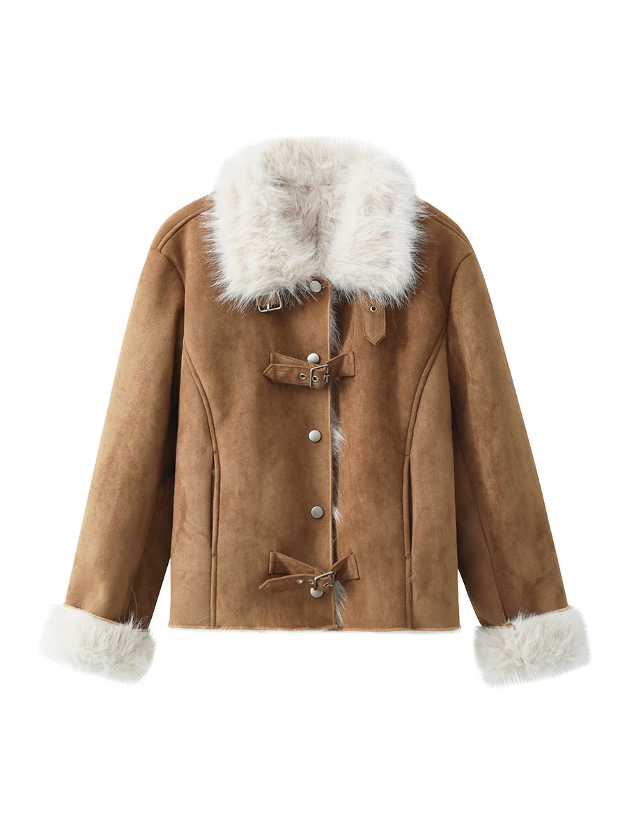 Casaco Curto Feminino Ximen 2025 de Inverno em Couro Grosso com Gola Alta e Forro de Pele, Elegante e Exclusivo, Tamanho Pequeno, Cor Café