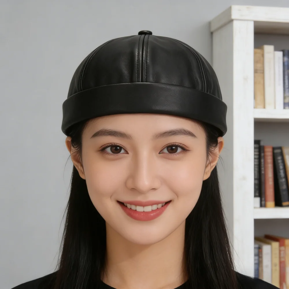 Fashion Leather Brimless Round Landlord Hat Solid Color Retro Melon Skin Hat Adjustable Vintage Trendy Cap Unisex