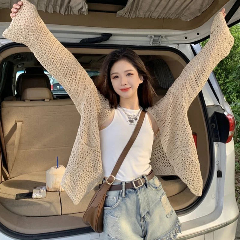 Cardigan Women Loose Chic Solid Hollow Out Simple Design Knitting Leisure All-match Summer Elegant Tender Holiday Korean Style