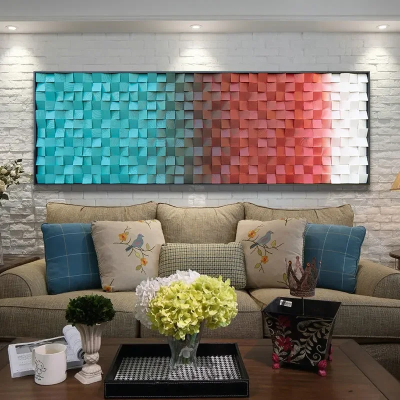 

Wooden block mosaic background wall gradient color living room sofa bedside decoration painting hanging painting art