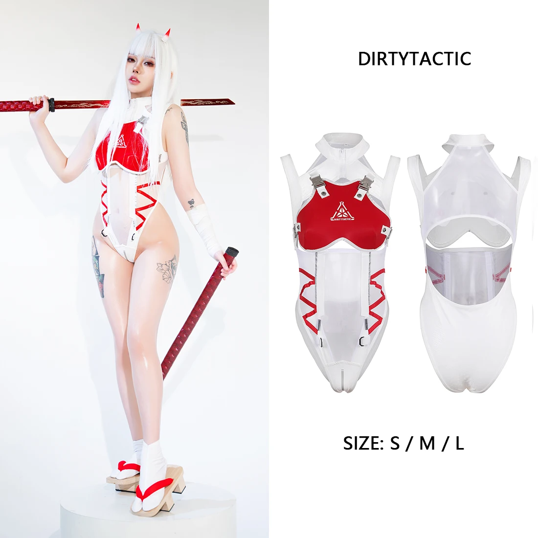 White Punk Tactical Stretch Open Chest Bodysuit Military Samurai Cosplay Costume for Women Halloween Party Roleplay Outfit