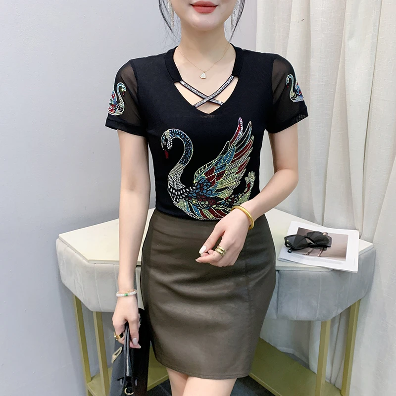 أسود، كوري، نمط، تي شيرت، أنيق، مثير، رقبة على شكل حرف V، مجوف، لامع، الماس، النساء، بلايز، كم قصير، قميص سفلي، تي شيرت، جديد، 522501