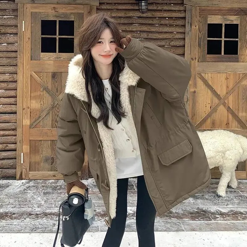 

Thickened Lamb Fur Hooded Casual Parka Coat With Horn Button Closure 2025 New Arrival Polyester Fiber Cotton Loose Fit Long S...