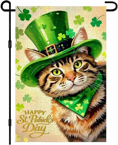 St. Patrick��s Day Garden Flag Double Sided Burlap Cat Garden Flag, 12x18 Inch XXQ