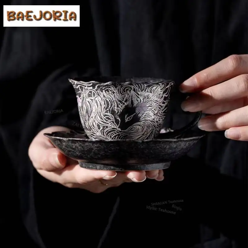 150ml Gilt Silver Nine-tailed Silver Fox Coffee Mug With Plate Cappuccino Latte Cup Afternoon Tea Mug Cup Saucer Kit Drinkware