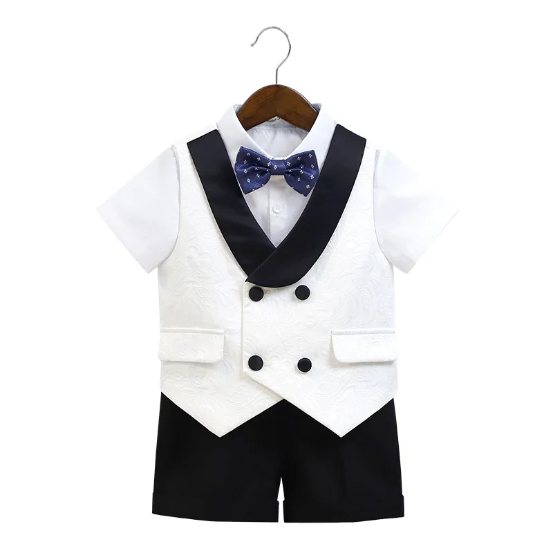 2024 Summer Sets for Boys Children Elegant Style Patchwork Contrast Vest with Bow Solid Shorts Formal Occasions Kid Boy Clothing