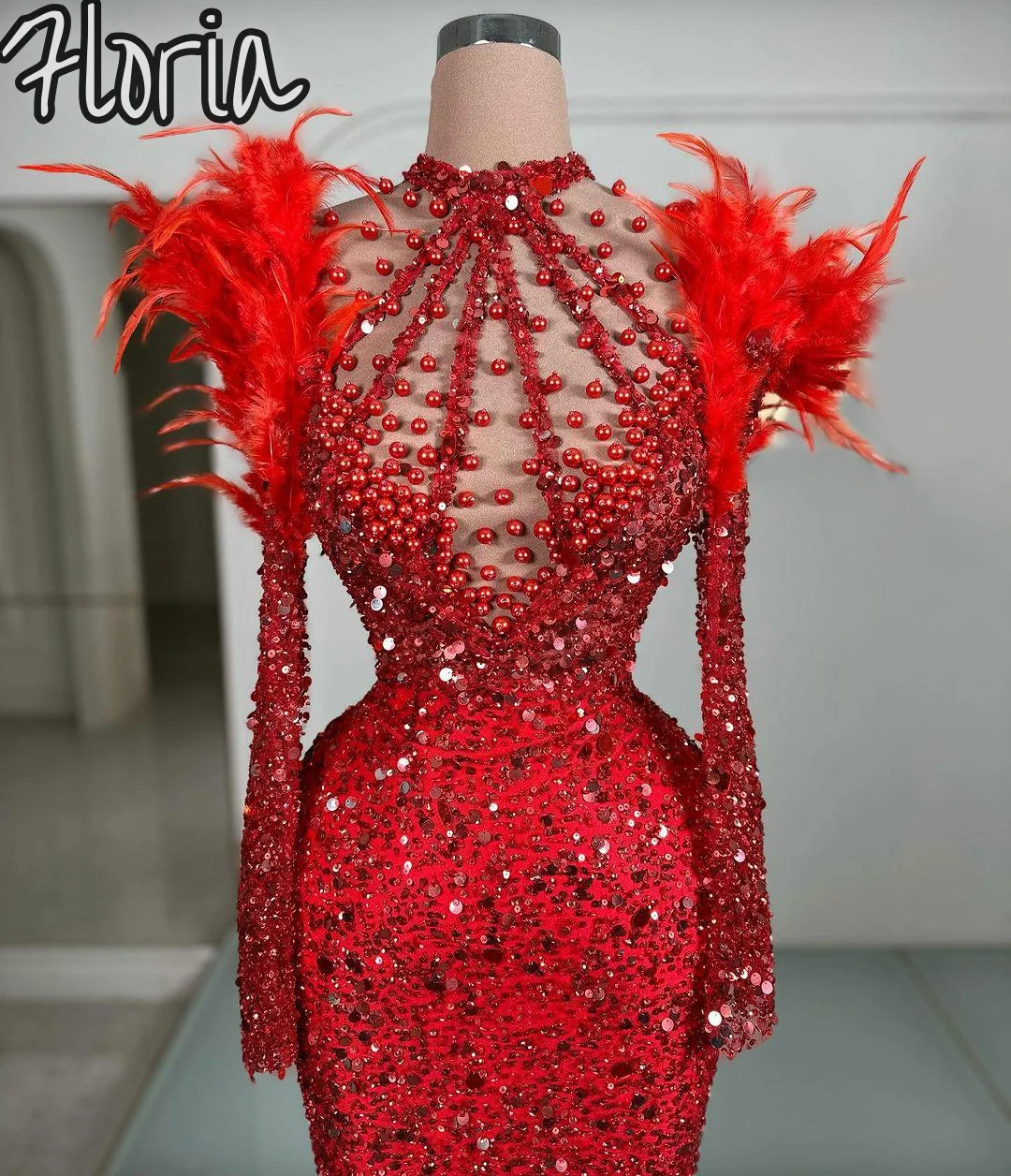 

Arabic Red Pearls Halter Neck Hand Made Formal Evening Party Dress Customized Mermaid Party Dress With Feathers Train Prom Gowns