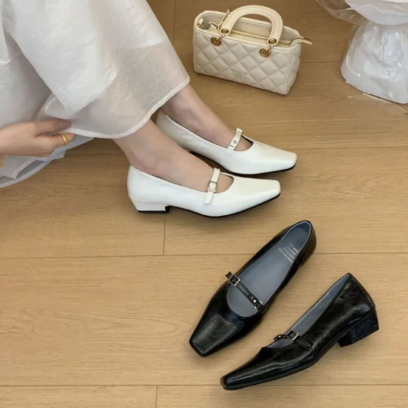 

Women's Square Toe Mary Jane Flats Faux Leather Upper T-Strap Buckle Low Heel French Office Style Work Shoes Summer 2026