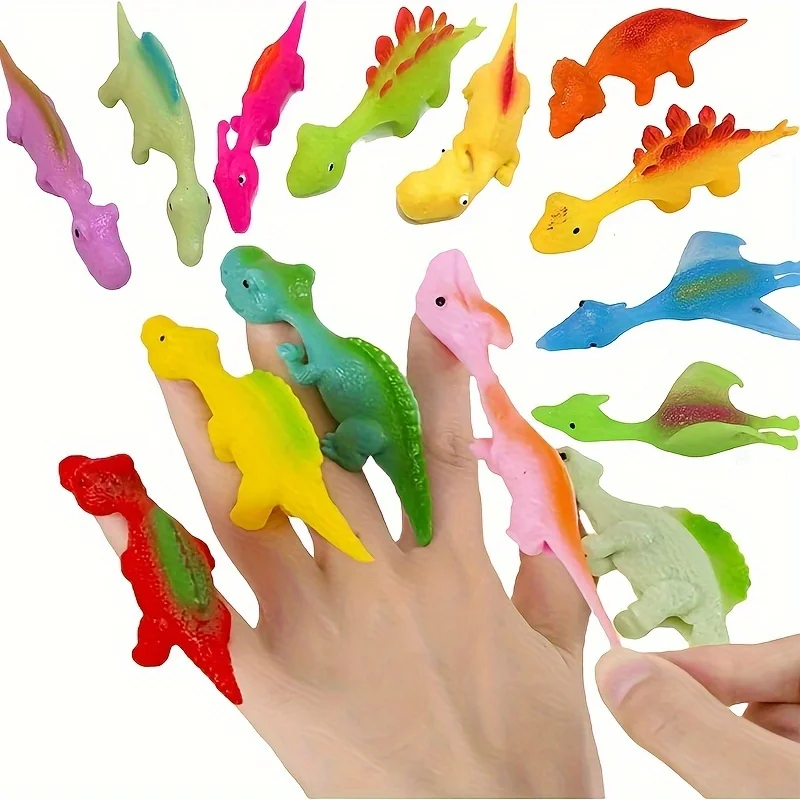 

10pc TPR Material Slingshot Dinosaur Finger Toys, Finger Dinosaur Slingshots Stick to Walls, for Kids Adult Funny Action Toys