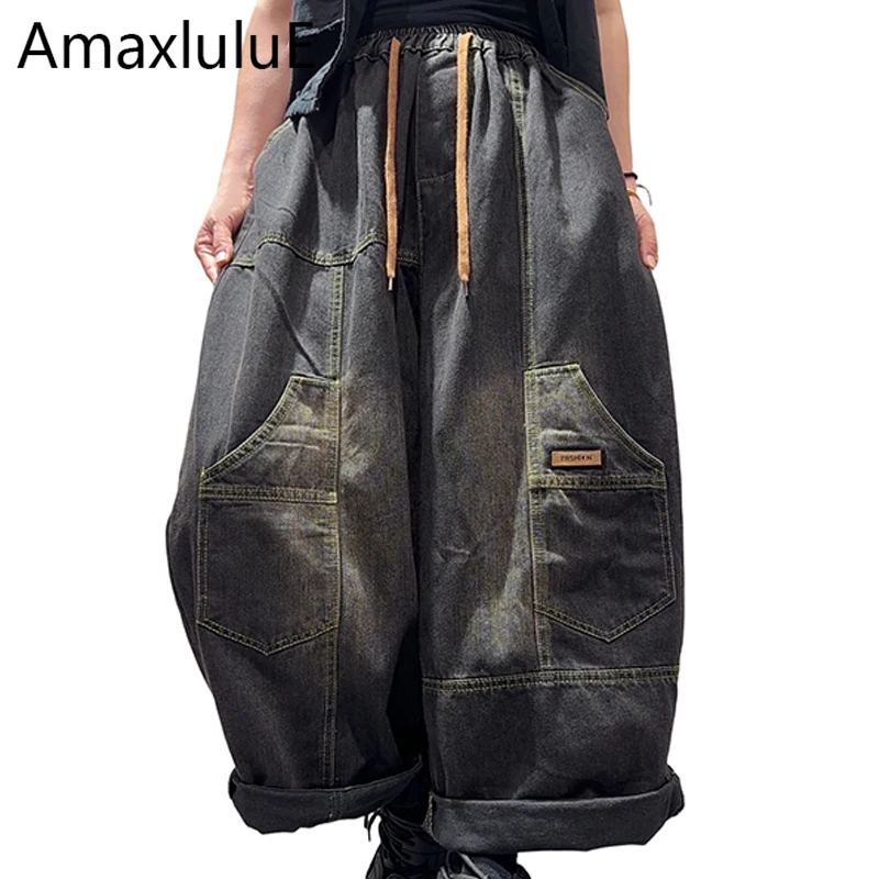 Amax LuluE Autumn Womens Vintage Denim Trousers Females Classic Loose Leisure Wide Leg Pants Fitness Elastic Waist Fashion Jeans