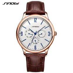 SINOBI Luxury Business Men's Wristwatches 42mm Dial Calendar Week Date Leather Strap Business Males Geneva Quartz Clock Watches