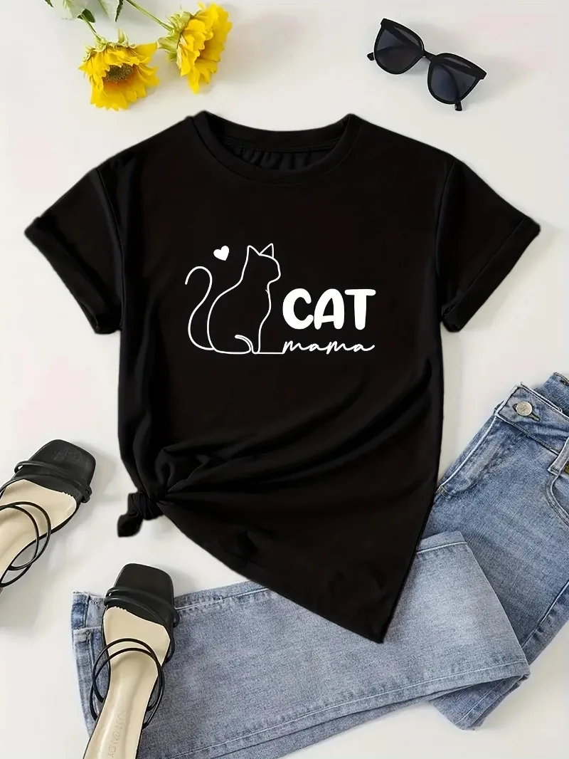 

Summer, Women's Clothing Cat Mama Print T-shirt, Casual Short Sleeve Crew Neck Top For Spring &