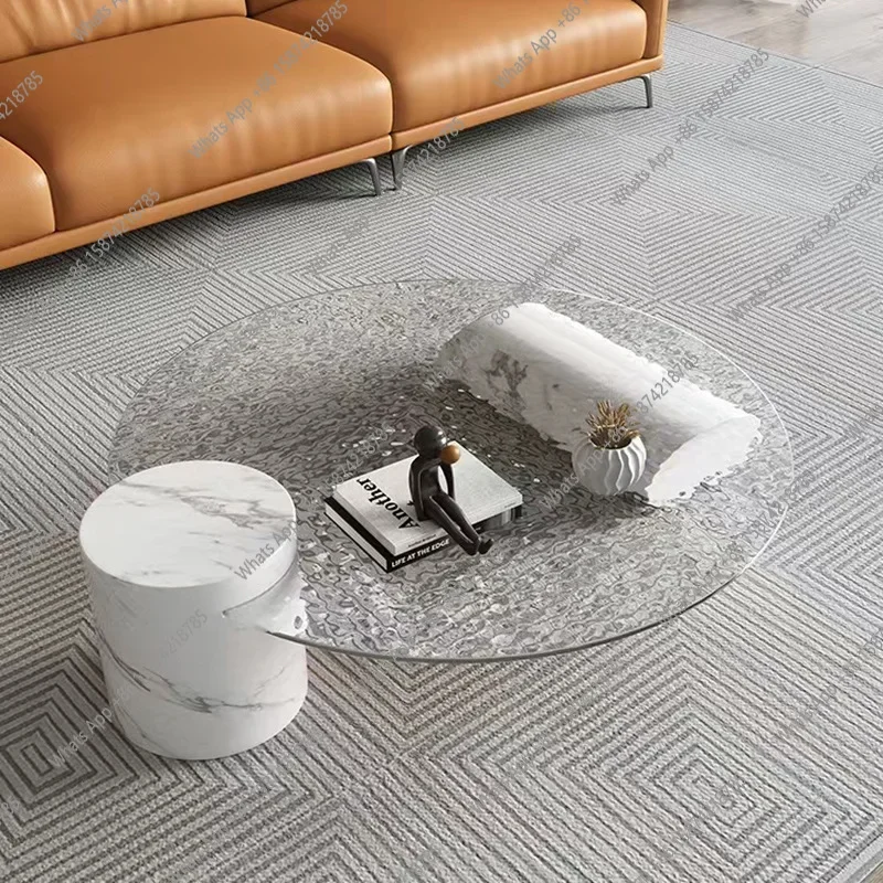 

C Light Luxury Tempered Glass Coffee Table Italian Household Minimalist Marble Water Corrugated Glass Round Table Round Furnitur