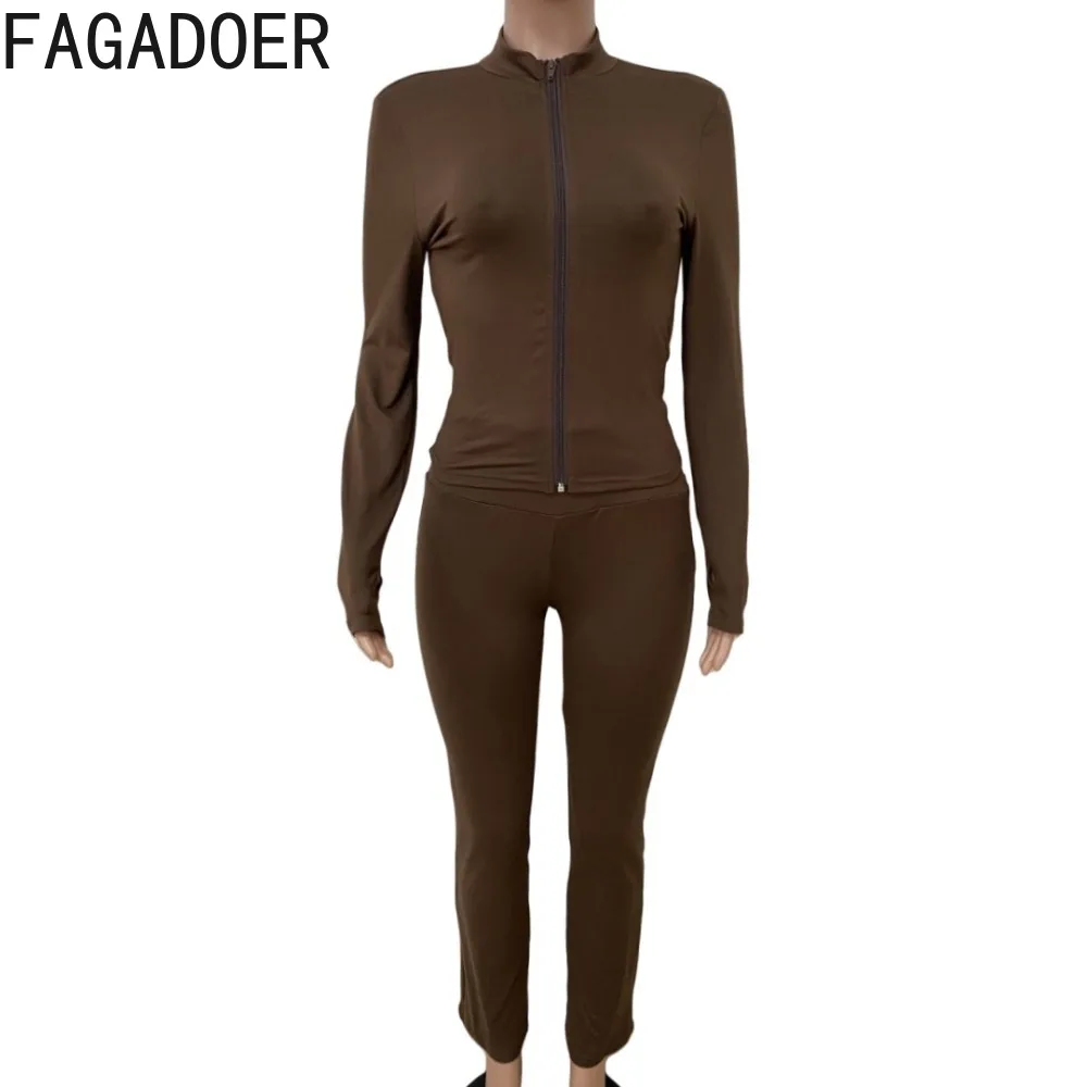 FAGADOER Solid Sporty Women 2 Piece Set Outfit Casual Zip Long Sleeves Crop Top And High Waist Leggings Pants Autumn Winter New