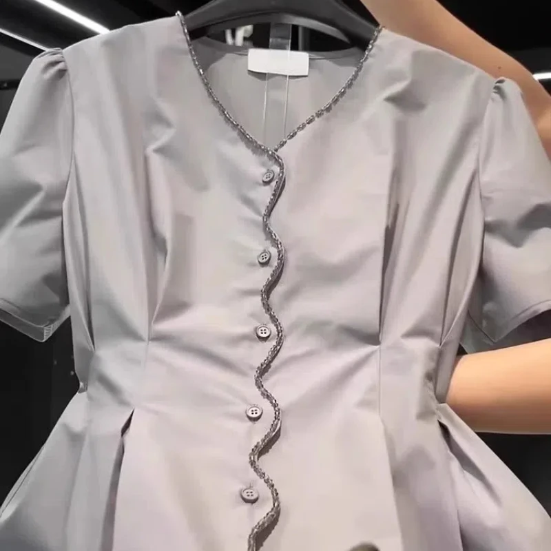 French Temperament V-neck Solid Color Pleated Puff Sleeve Shirt Women Summer New Westernization All-match Light Ripening Tops