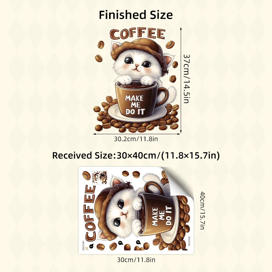 Lovely Cat & Coffee Bean Pattern Wall Stickers Self-Adhesive Decor for Coffee Bar Kitchen Fridge Study