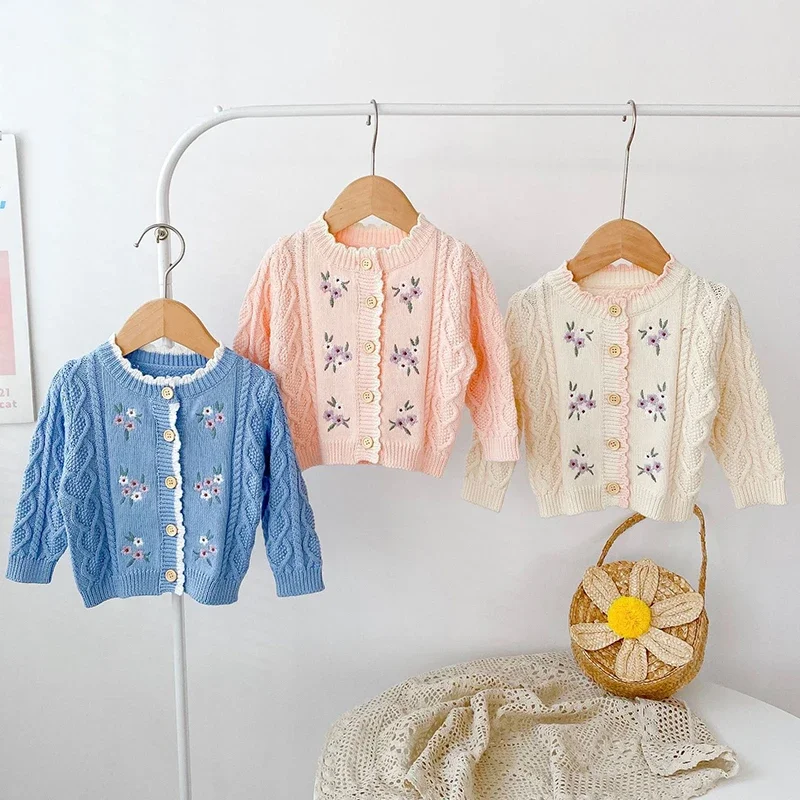 

Baby Girls Cardigan Sweater Flower Embroidery Autumn Cotton Top Baby Clothing Toddler Girls Knitted Coat Winter Clothes Cotton