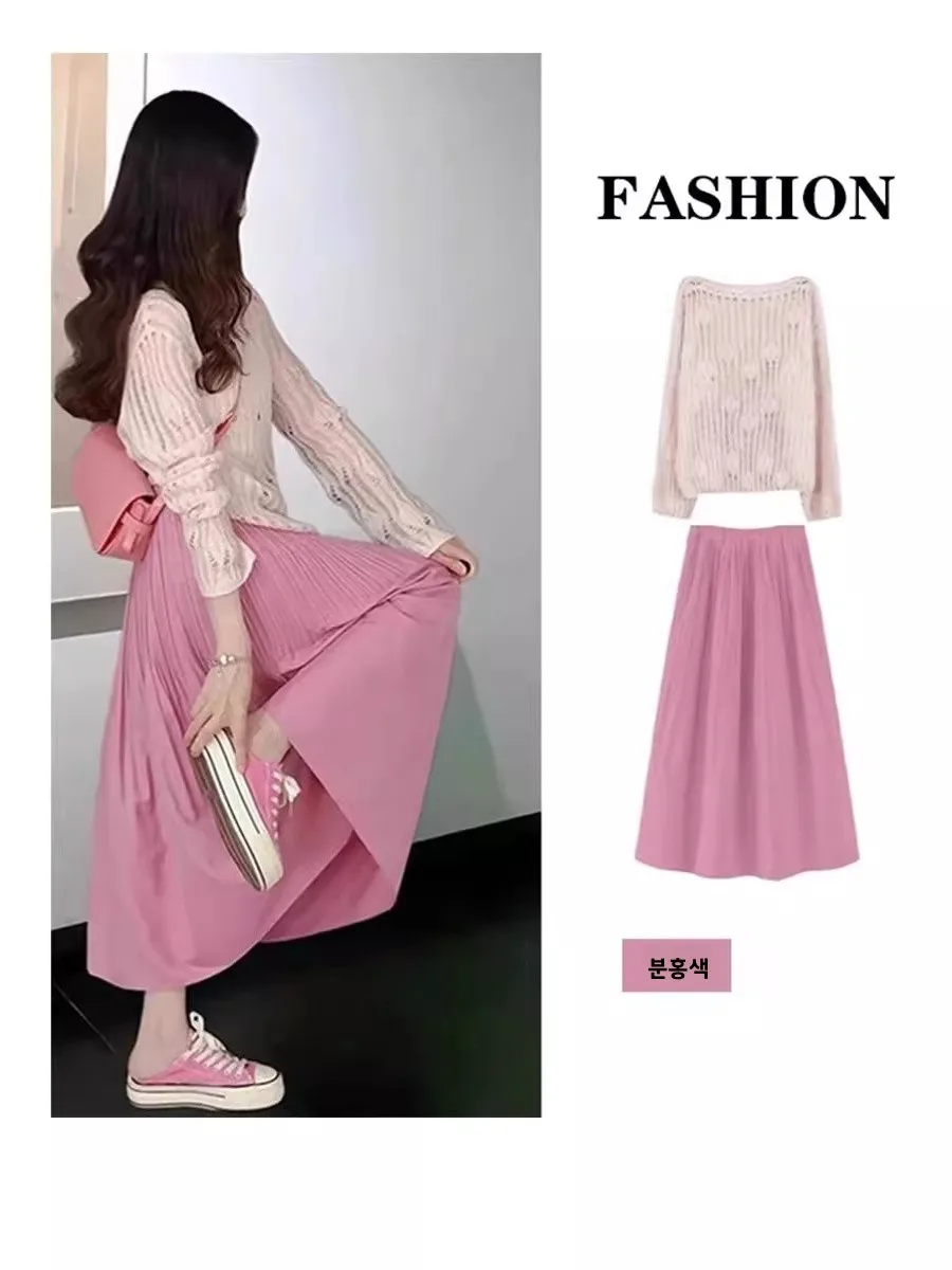 

Ele Pink Knit Top And High Waist Skirt Two Piece Set for ort Women Spring Faion Outfit Casual Commute Wear