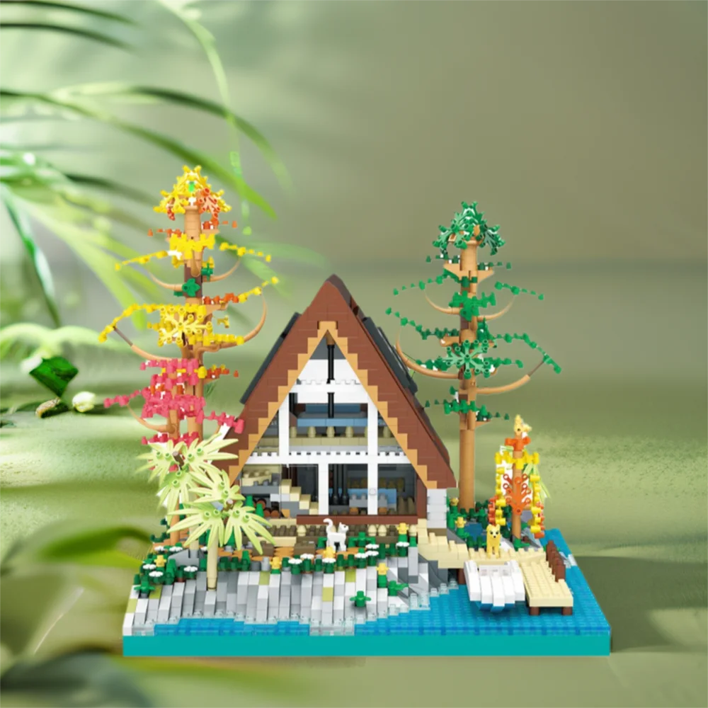 

City Street View House Creative Micro Diamond Block Lakeside Cabin Nanobricks Streetscape Model Building Brick Figures Toys