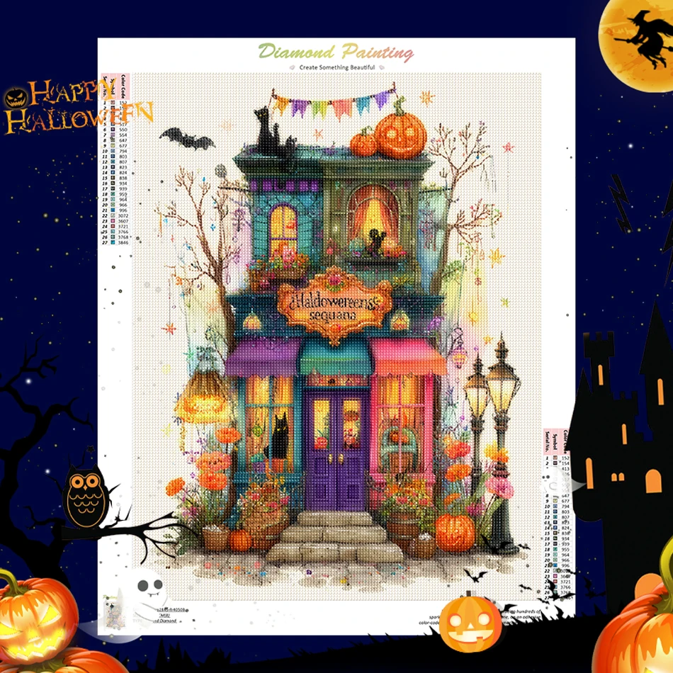 

SDOYUNO 5D Diamond Painting Halloween Pumpkin House Handmade Diamond Painting Holiday Gift Set Crystal Diamond Mosaic Home Decor