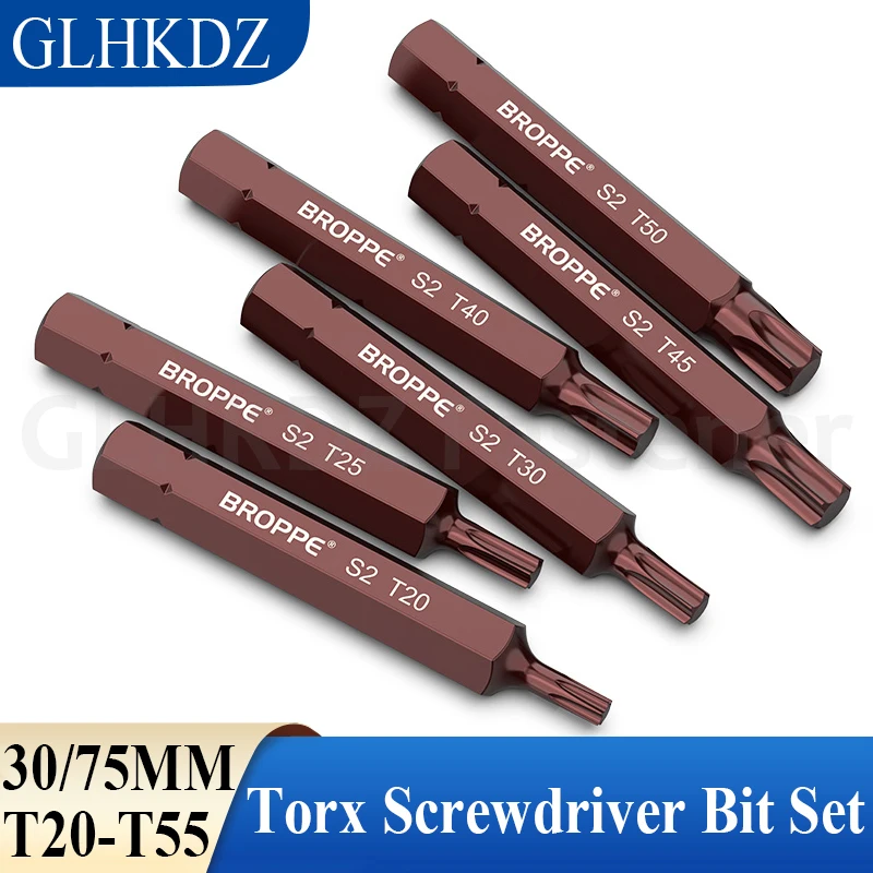 30/75mm Torx Screwdriver Bit Set 10mm Hex Shank Impact Socket Bit Magnetic Impact Bit 6-Point Torx Bit T20-T55