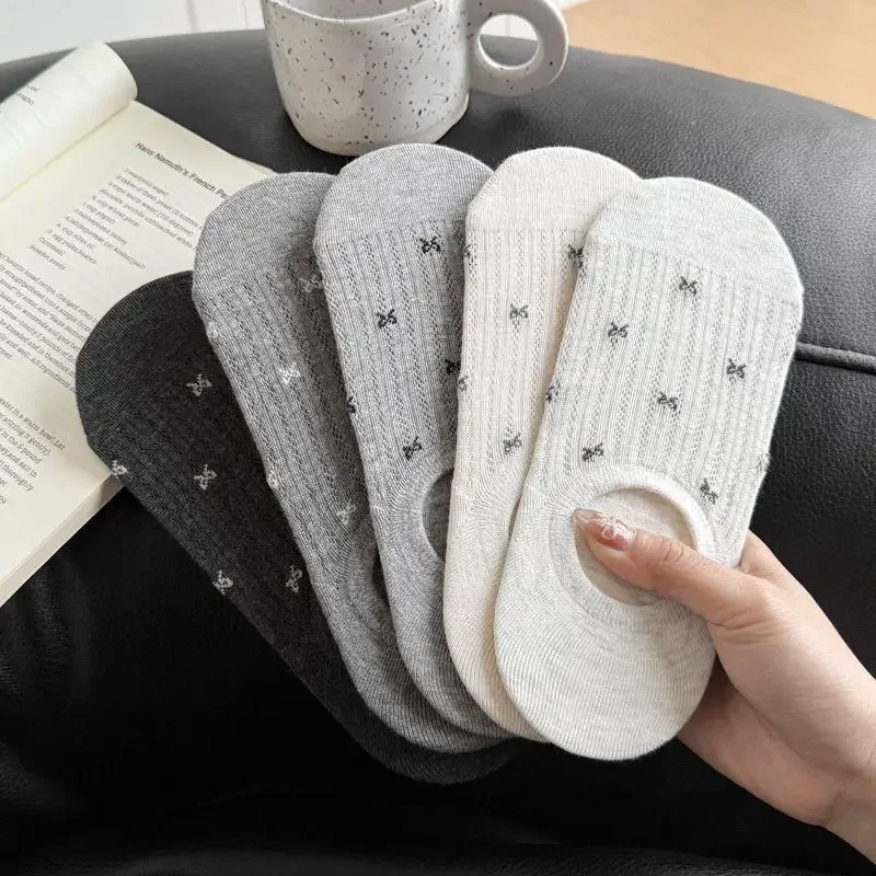 Korean Style Women Ankle Socks with Bow Print, Non-Slip Heel, Summer Breathable Instagram Fashionable Casual Sock