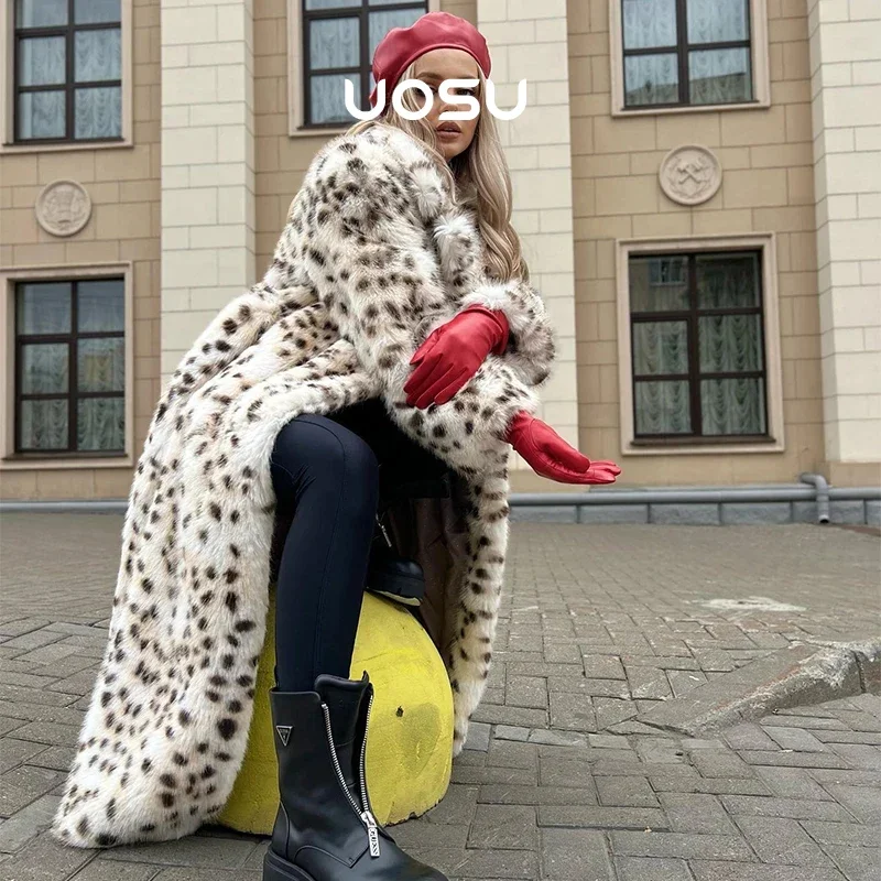 Faux Fur Winter Coat for Women Chic Brand Plus Size Leopard Long Jacket Thick Warm Fluffy Furry Fox Fur Belt Plush Overcoat