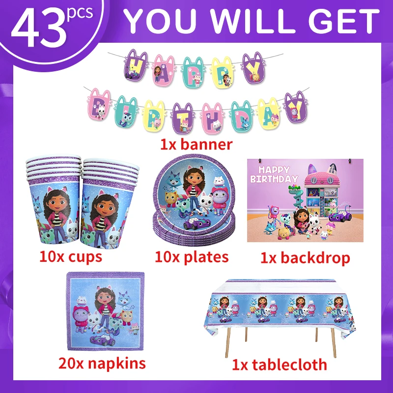 Gabby Dollhouse Birthday Party Decoration Set Paper Napkins Plates Cups Girls Tableware Supplies Boys Baby Shower for Kids Gifts