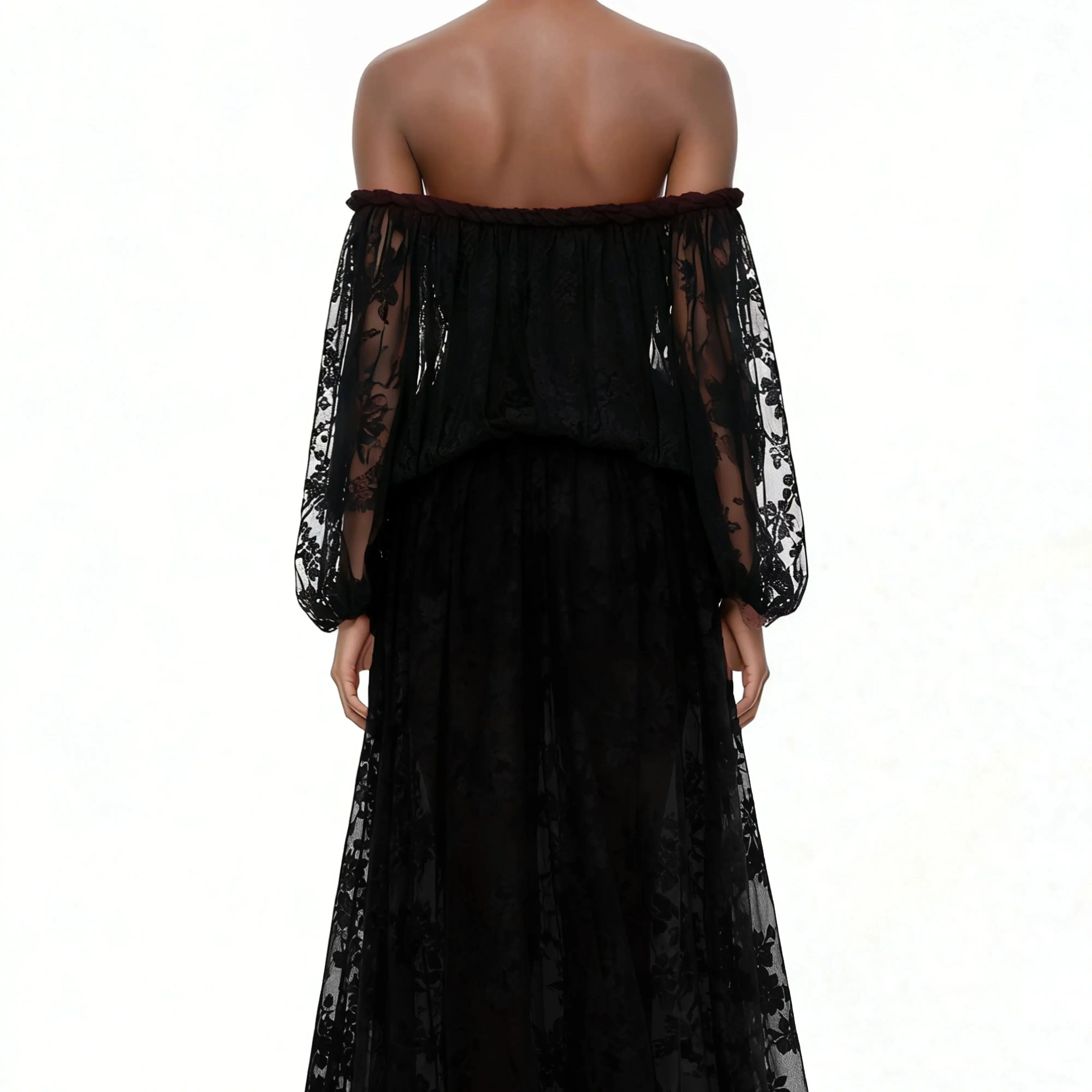 Elegant Luxury Off Shoulder Lace Maxi Dress, Black Sheer Cutout Long Sleeve Gown, Socialite Party Evening Dress For Women - Image 3