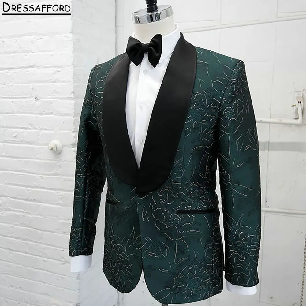 Emerald Green Men Suits For Wedding Jacquard Groom Tuxedos 2 Pieces Jacket Pants Prom Blazers Customized