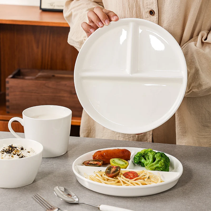 8.2~9.5 Inch Ceramic Dividing Plates for Adults Weight Loss Three Compartments Simple Children Dish White Porcelain Tableware