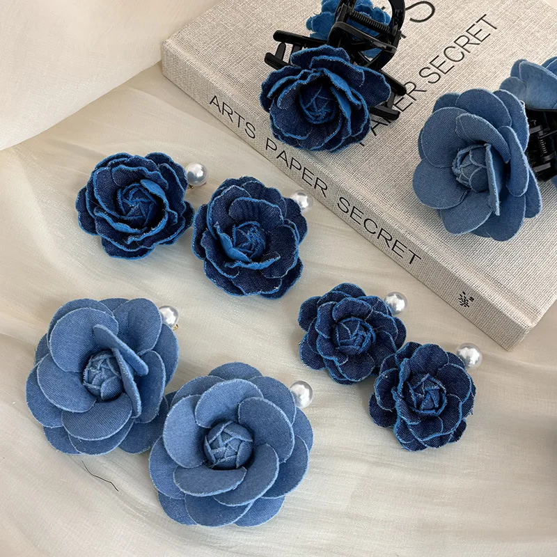 Denim Rose Barrettes Elegant Head clip Grab clip Design Sense Hair Claw Pearl Cropped Hair Clip Blue Hair Accessories for Women