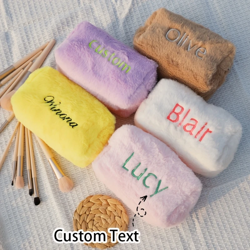 Personalisierte Plüsch-Kosmetiktasche mit Namen, personalisierte Stickerei, Kunstfell-Kosmetiktasche, flauschiges Federmäppchen, weiche Aufbewahrungstasche, Geschenk für Mädchen