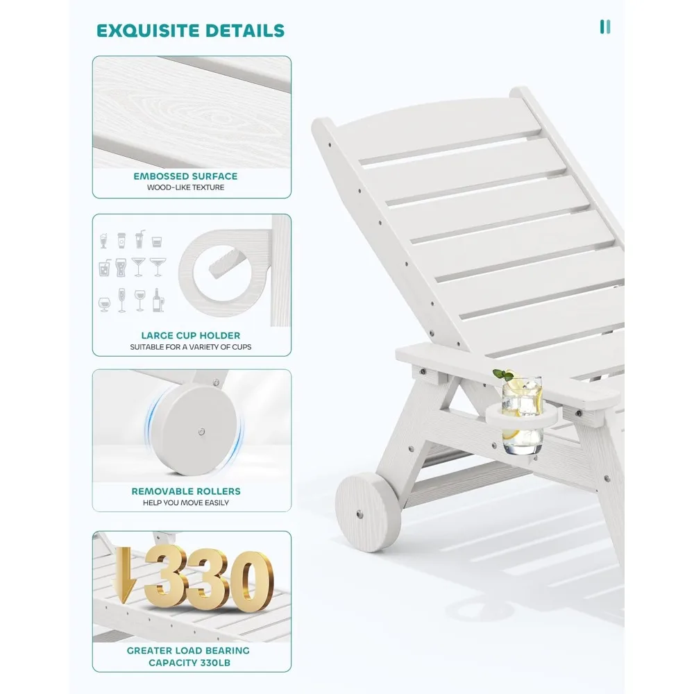 Espreguiçadeira externa ajustável, 78 longas HDPE 5 posições espreguiçadeira de pátio com rodas giratórias, material poli para relaxar confortável
