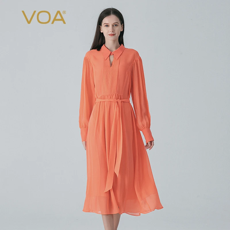 

100% Pure Mulberry Silk Double Layer Georgette Orange Dresses Women Pleated Belt Shirt Long Sleeve Elegant Midi Dress AE1881