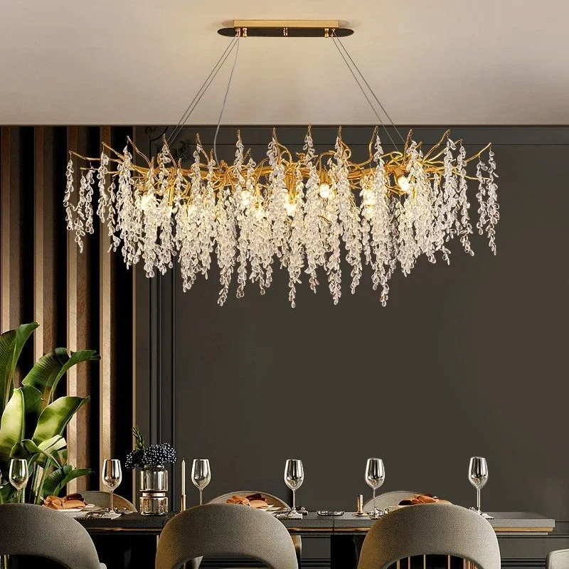 

Modern Dining Room Decor G9 Led Chandelier Grape Crystals Lustre Pendant Light Gold Branch Aluminium Chandelier Lighting Fixture